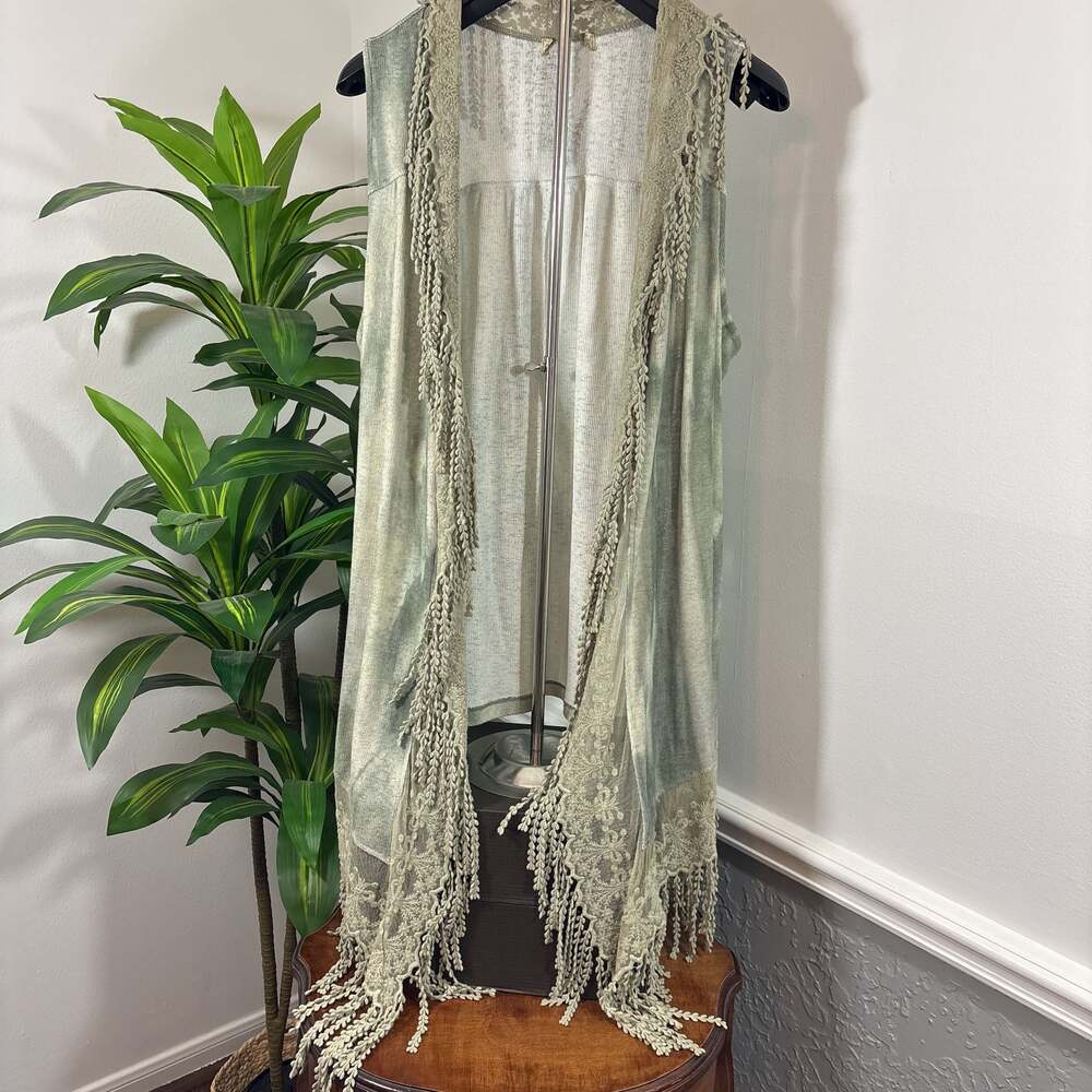 Sage Green Crochet Fringe Duster Cardigan  Boho-Chic style   (Unbranded)